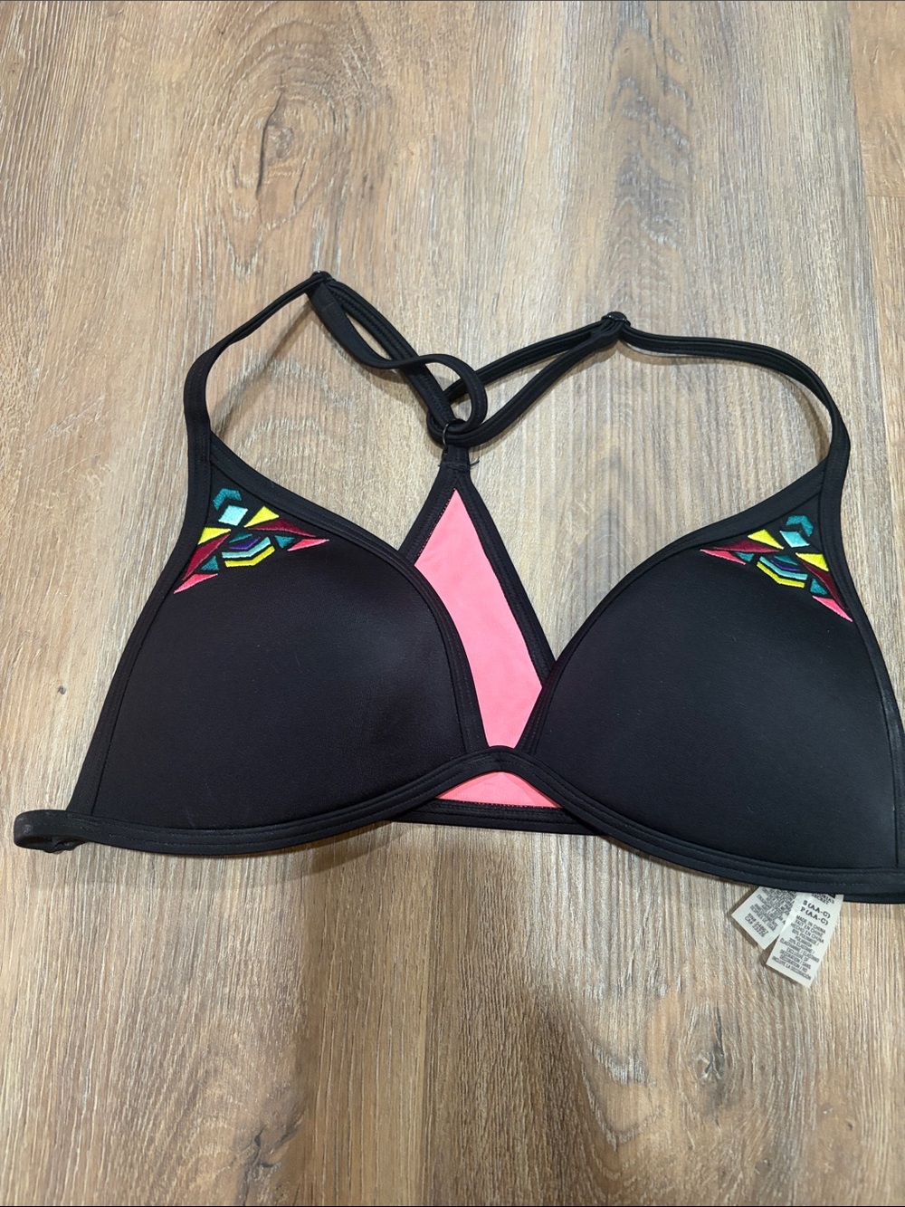 Black Triangle Swim Top with Pink Accent and Multicolor Stitching by Pink VS